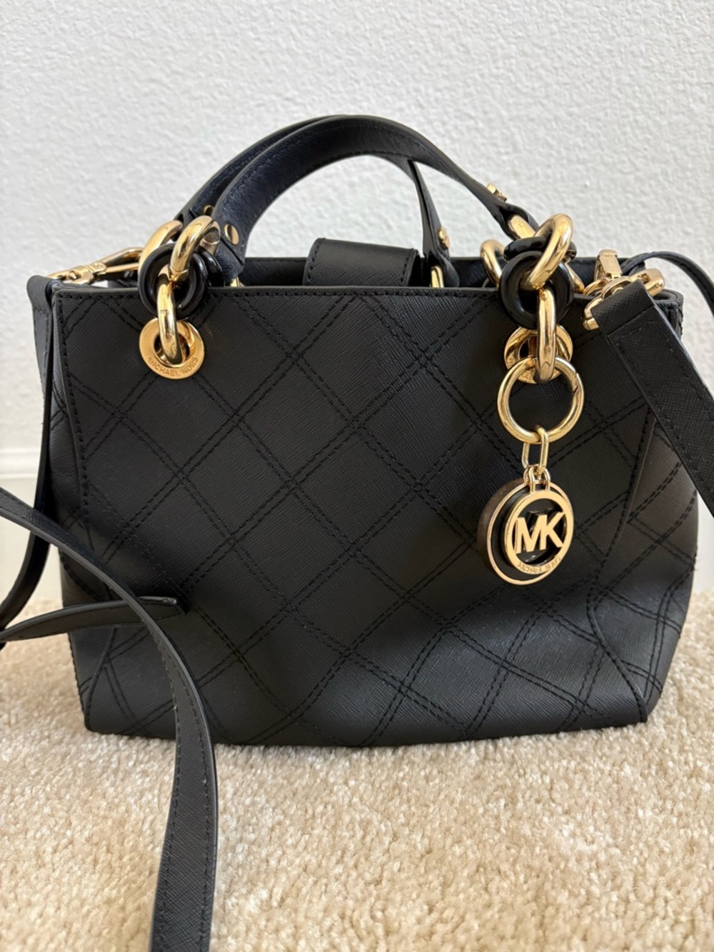 Michael Kors Black Quilted Leather Satchel with Gold Charm - Crossbody
